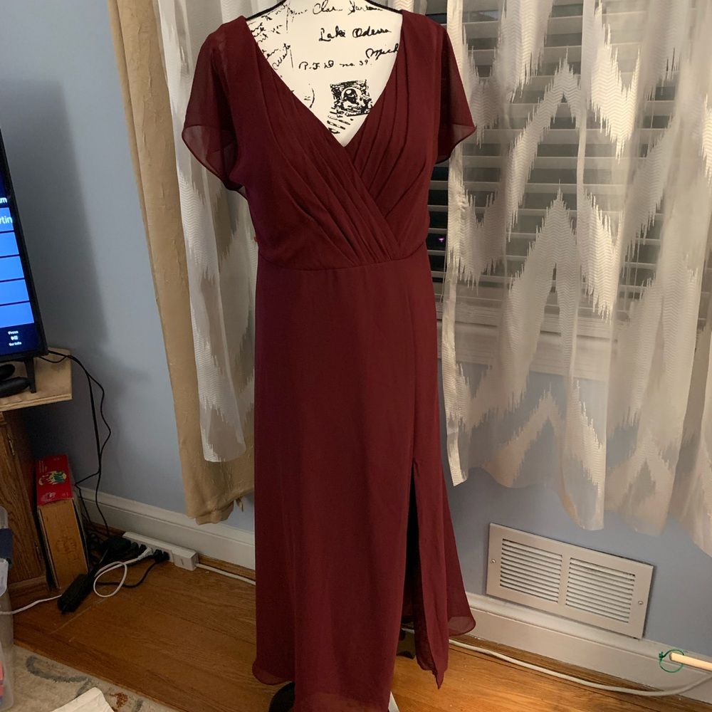 Azazie Burgundy Dress with V-Neck and Slit